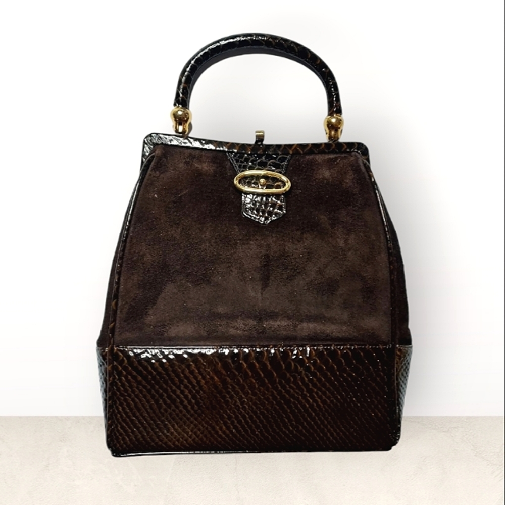 Bienen-Davis Vintage Croc Embossed Leather Suede Top Handle Satchel